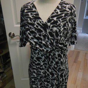 Black/White - Short Sleeve, Semi-wrap Dress - leopard pattern